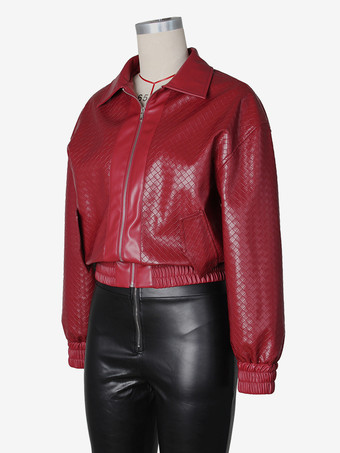 織り柄フェイクレザーボンバージャケット（レディース） - テクスチャード加工ジップアップクロップドジャケット - 2026年春のバイカーストリートウェア