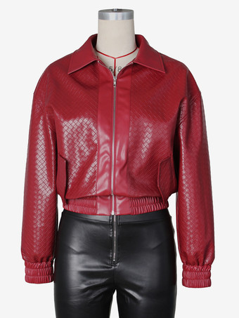 織り柄フェイクレザーボンバージャケット（レディース） - テクスチャード加工ジップアップクロップドジャケット - 2026年春のバイカーストリートウェア