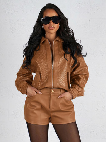 カーキ 織り柄フェイクレザーボンバージャケット（レディース） - テクスチャード加工ジップアップクロップドジャケット - 2026年春のバイカーストリートウェア