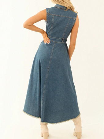 ハイローデニムミディドレス（レディース） - ミディアムウォッシュ、ノースリーブ、リボンタイウエスト、ポケット付きガウン - 2026年夏フェスティバルウェア