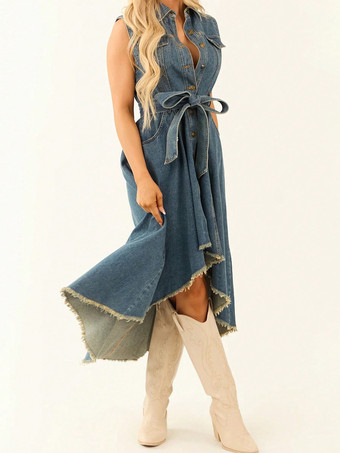 ハイローデニムミディドレス（レディース） - ミディアムウォッシュ、ノースリーブ、リボンタイウエスト、ポケット付きガウン - 2026年夏フェスティバルウェア