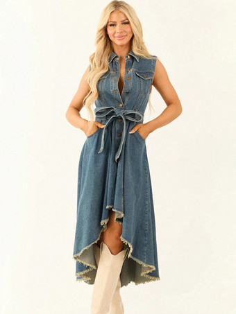 ハイローデニムミディドレス（レディース） - ミディアムウォッシュ、ノースリーブ、リボンタイウエスト、ポケット付きガウン - 2026年夏フェスティバルウェア