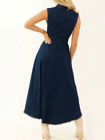ハイローデニムミディドレス（レディース） - ミディアムウォッシュ、ノースリーブ、リボンタイウエスト、ポケット付きガウン - 2026年夏フェスティバルウェア