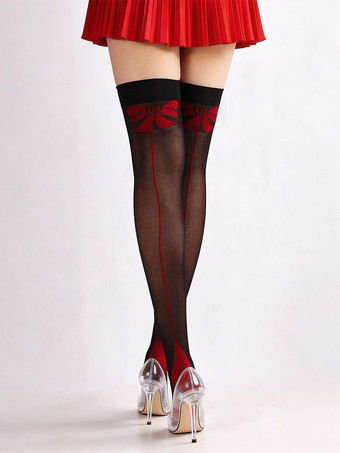 ブラック セクシーな黒の透け感のある赤いリボン付き太もも丈ストッキング