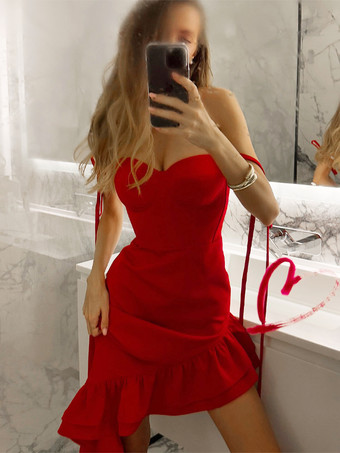 レッドボディコンフリルスリップドレス（女性用） - スリムフィット、ハイカットスリット、アシンメトリーロングキャミソール - 夏の夜のパーティーに最適 2026
