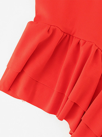 レッドボディコンフリルスリップドレス（女性用） - スリムフィット、ハイカットスリット、アシンメトリーロングキャミソール - 夏の夜のパーティーに最適 2026