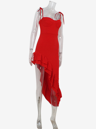 レッドボディコンフリルスリップドレス（女性用） - スリムフィット、ハイカットスリット、アシンメトリーロングキャミソール - 夏の夜のパーティーに最適 2026