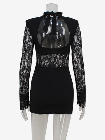透け感のあるレースパッチワークミニドレス（女性用） - ボディコンハイネックパッド入りショルダーガウン - 春の夜のお出かけパーティークラブウェア 2026