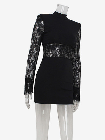 透け感のあるレースパッチワークミニドレス（女性用） - ボディコンハイネックパッド入りショルダーガウン - 春の夜のお出かけパーティークラブウェア 2026