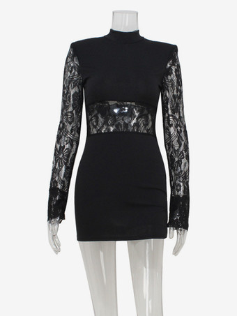 透け感のあるレースパッチワークミニドレス（女性用） - ボディコンハイネックパッド入りショルダーガウン - 春の夜のお出かけパーティークラブウェア 2026