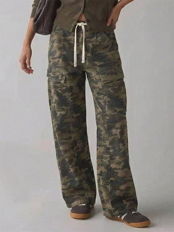 レディースのゆったりカーゴジーンズ - ウォッシュ加工のレトロY2Kローライズドローストリングワイドレッグパンツ - 2026年春のストリートウェア