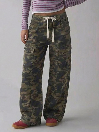 ヒョウ柄レディースのゆったりカーゴジーンズ - ウォッシュ加工のレトロY2Kローライズドローストリングワイドレッグパンツ - 2026年春のストリートウェア