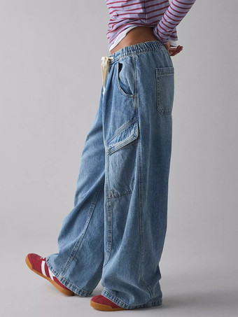 レディースのゆったりカーゴジーンズ - ウォッシュ加工のレトロY2Kローライズドローストリングワイドレッグパンツ - 2026年春のストリートウェア