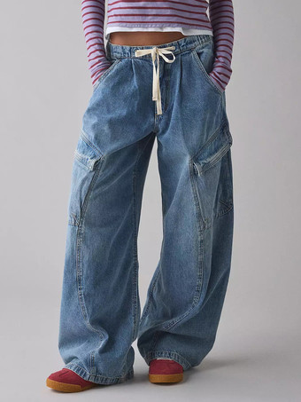 レディースのゆったりカーゴジーンズ - ウォッシュ加工のレトロY2Kローライズドローストリングワイドレッグパンツ - 2026年春のストリートウェア