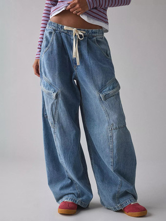 ブルー レディースのゆったりカーゴジーンズ - ウォッシュ加工のレトロY2Kローライズドローストリングワイドレッグパンツ - 2026年春のストリートウェア
