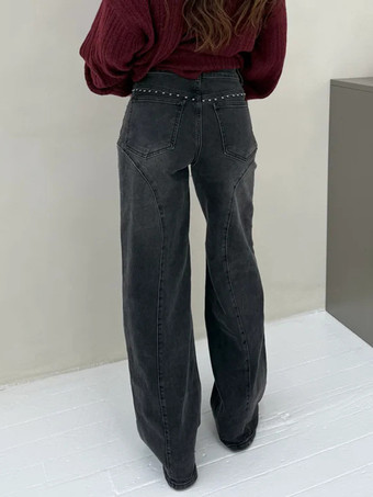 スタッズ付きストレートレッグジーンズ（レディース） - ミディアムウォッシュ レトロリベットディテール ワイドレッグデニム - 2026年春の夜のお出かけファッション