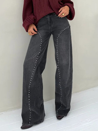 スタッズ付きストレートレッグジーンズ（レディース） - ミディアムウォッシュ レトロリベットディテール ワイドレッグデニム - 2026年春の夜のお出かけファッション