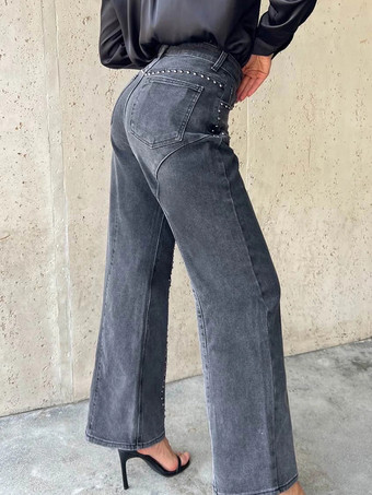 スタッズ付きストレートレッグジーンズ（レディース） - ミディアムウォッシュ レトロリベットディテール ワイドレッグデニム - 2026年春の夜のお出かけファッション