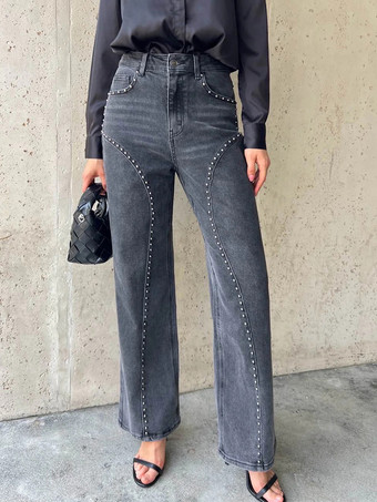 ブラック スタッズ付きストレートレッグジーンズ（レディース） - ミディアムウォッシュ レトロリベットディテール ワイドレッグデニム - 2026年春の夜のお出かけファッション