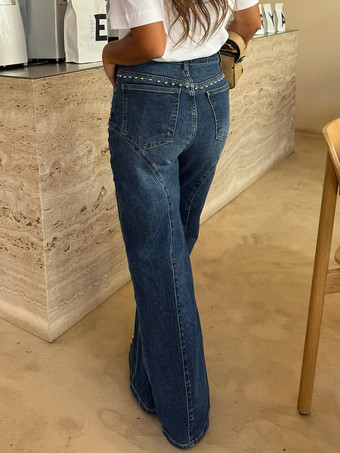 スタッズ付きストレートレッグジーンズ（レディース） - ミディアムウォッシュ レトロリベットディテール ワイドレッグデニム - 2026年春の夜のお出かけファッション