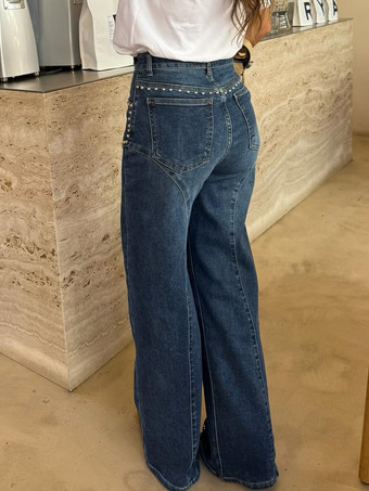 スタッズ付きストレートレッグジーンズ（レディース） - ミディアムウォッシュ レトロリベットディテール ワイドレッグデニム - 2026年春の夜のお出かけファッション