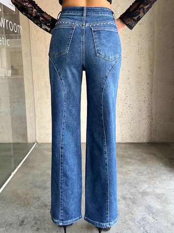 スタッズ付きストレートレッグジーンズ（レディース） - ミディアムウォッシュ レトロリベットディテール ワイドレッグデニム - 2026年春の夜のお出かけファッション