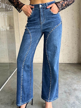 ディープブルースタッズ付きストレートレッグジーンズ（レディース） - ミディアムウォッシュ レトロリベットディテール ワイドレッグデニム - 2026年春の夜のお出かけファッション