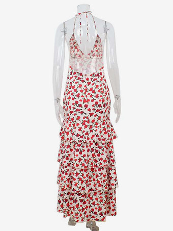 花柄の背中開きマキシドレス（女性用） - 花柄プリント、ティアードフリル裾、ハイカットスリット、ホルターネックガウン - 夏のセクシーなデートナイト衣装 2026