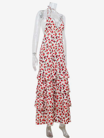 花柄の背中開きマキシドレス（女性用） - 花柄プリント、ティアードフリル裾、ハイカットスリット、ホルターネックガウン - 夏のセクシーなデートナイト衣装 2026