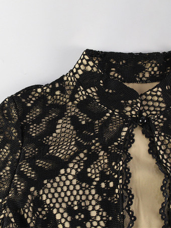 レースボディコンミディドレス（レディース） - ブラック ヴィンテージキーホールベルスリーブバックスリットシースドレス - 2026年春のカクテルパーティー