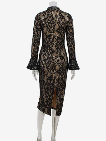 レースボディコンミディドレス（レディース） - ブラック ヴィンテージキーホールベルスリーブバックスリットシースドレス - 2026年春のカクテルパーティー