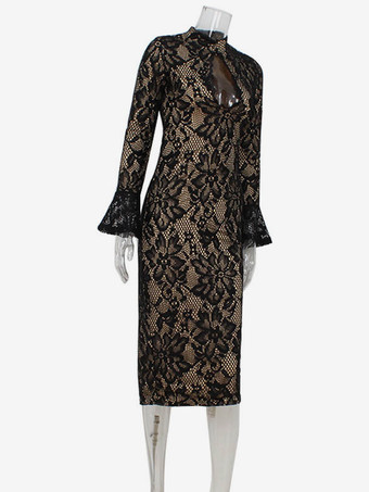 レースボディコンミディドレス（レディース） - ブラック ヴィンテージキーホールベルスリーブバックスリットシースドレス - 2026年春のカクテルパーティー