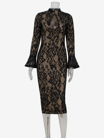 レースボディコンミディドレス（レディース） - ブラック ヴィンテージキーホールベルスリーブバックスリットシースドレス - 2026年春のカクテルパーティー