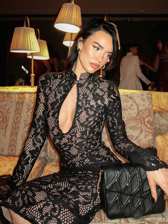 ブラック レースボディコンミディドレス（レディース） - ブラック ヴィンテージキーホールベルスリーブバックスリットシースドレス - 2026年春のカクテルパーティー