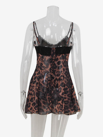 レオパード柄レディースミニスリップドレス - ブラウン Y2K レースパッチワークキャミソールスリップフィットフレア - 夏のクラブパーティーナイトアウト 2026