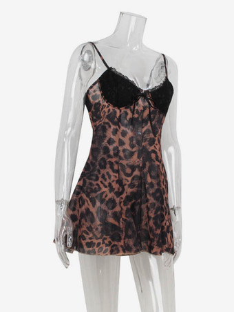 レオパード柄レディースミニスリップドレス - ブラウン Y2K レースパッチワークキャミソールスリップフィットフレア - 夏のクラブパーティーナイトアウト 2026