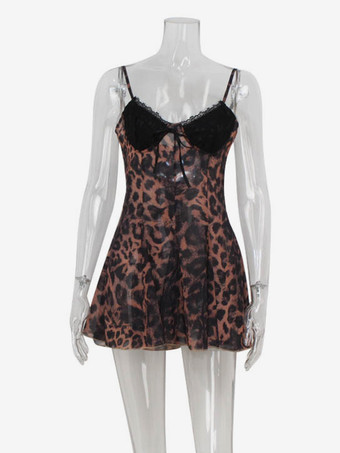 レオパード柄レディースミニスリップドレス - ブラウン Y2K レースパッチワークキャミソールスリップフィットフレア - 夏のクラブパーティーナイトアウト 2026