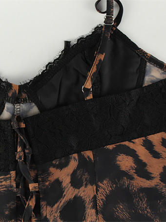 レオパード柄レディースミニスリップドレス - ブラウン Y2K レースパッチワークキャミソールスリップフィットフレア - 夏のクラブパーティーナイトアウト 2026