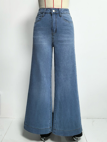 レディースワイドレッグパラッツォジーンズ - ライトブルー レトロ ハイウエスト ミニマリスト フレアデニム - 2026年夏休みコーデ