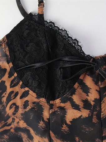 レオパード柄レディースミニスリップドレス - ブラウン Y2K レースパッチワークキャミソールスリップフィットフレア - 夏のクラブパーティーナイトアウト 2026