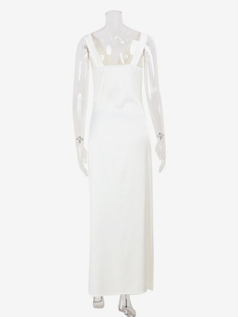 ホワイトサテンのレディースマキシドレス - エレガントなシルクスタイルのカウルネック、背中開き、ノースリーブのガウン - 夏のイブニングパーティー、プロム、2026年