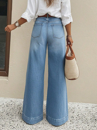 レディースワイドレッグパラッツォジーンズ - ライトブルー レトロ ハイウエスト ミニマリスト フレアデニム - 2026年夏休みコーデ