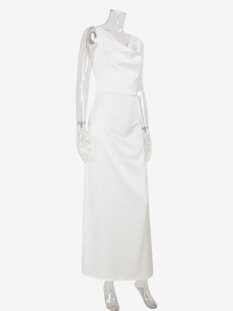 ホワイトサテンのレディースマキシドレス - エレガントなシルクスタイルのカウルネック、背中開き、ノースリーブのガウン - 夏のイブニングパーティー、プロム、2026年