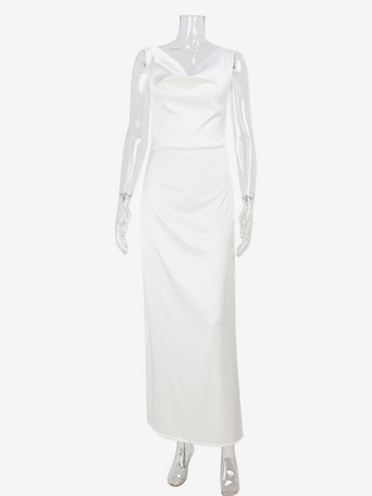 ホワイトサテンのレディースマキシドレス - エレガントなシルクスタイルのカウルネック、背中開き、ノースリーブのガウン - 夏のイブニングパーティー、プロム、2026年