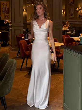 White Satin Women Maxi Dress - Elegant Silk Style Cowl Neck Backless  Sleeveless Gown - Summer Evening Party Prom 2026 - Milanoo.com