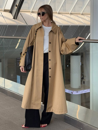 カーキ クラシックなロングトレンチコート（レディース） - カーキ色のミニマルなシングルブレストのリラックスフィットダストコート - 春のオフィスからディナーまで活躍するアウターウェア 2026