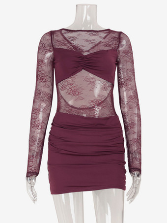 シースルーレースのギャザーミニドレス（女性用） - セクシーなカットアウトオープンバックボディコンガウン - 夏の夜のクラブパーティー2026