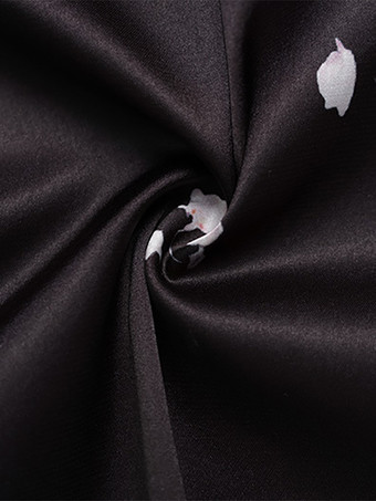 サテンレースパッチワークマキシドレス（レディース） - ブラック花柄プリントVネック半袖スリムフィット - 夏の夜のお出かけに2026年