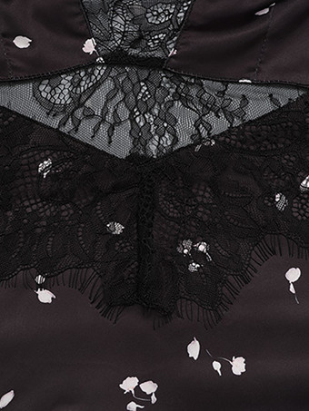 サテンレースパッチワークマキシドレス（レディース） - ブラック花柄プリントVネック半袖スリムフィット - 夏の夜のお出かけに2026年