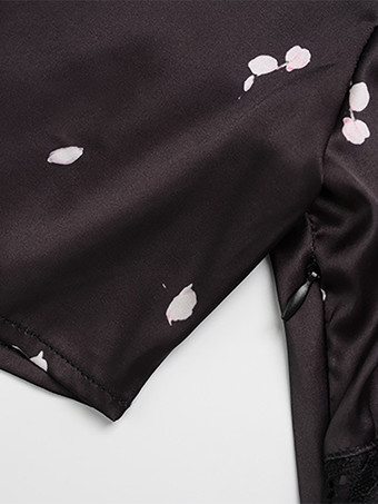 サテンレースパッチワークマキシドレス（レディース） - ブラック花柄プリントVネック半袖スリムフィット - 夏の夜のお出かけに2026年